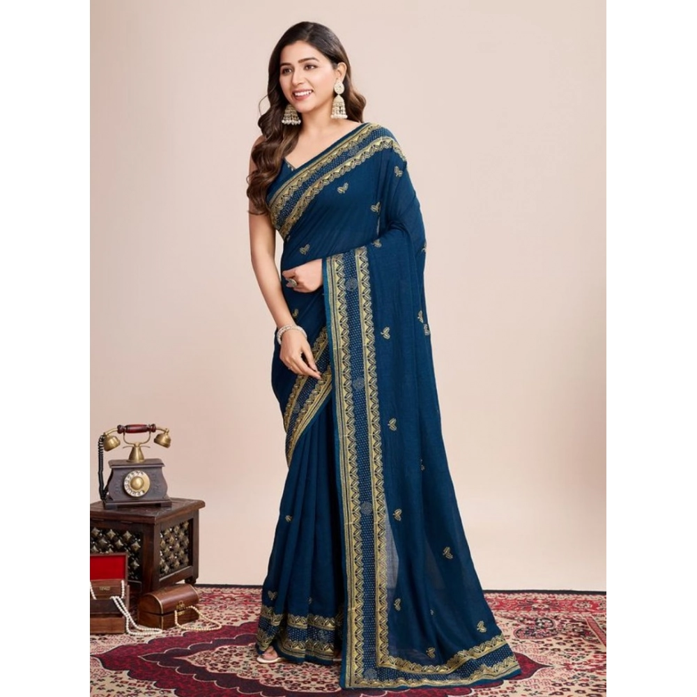 Women's Vichitra Silk Embroidery Work Saree With Unstitched Blouse 5.5Mtr (Teal)