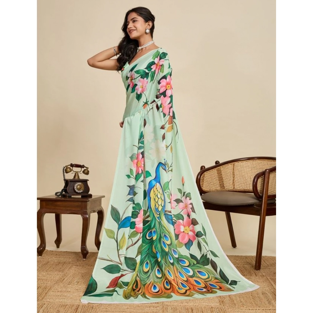 Women's Faux_Georgette Printed Saree With Unstitched Blouse 5.5Mtr (Light_Green)