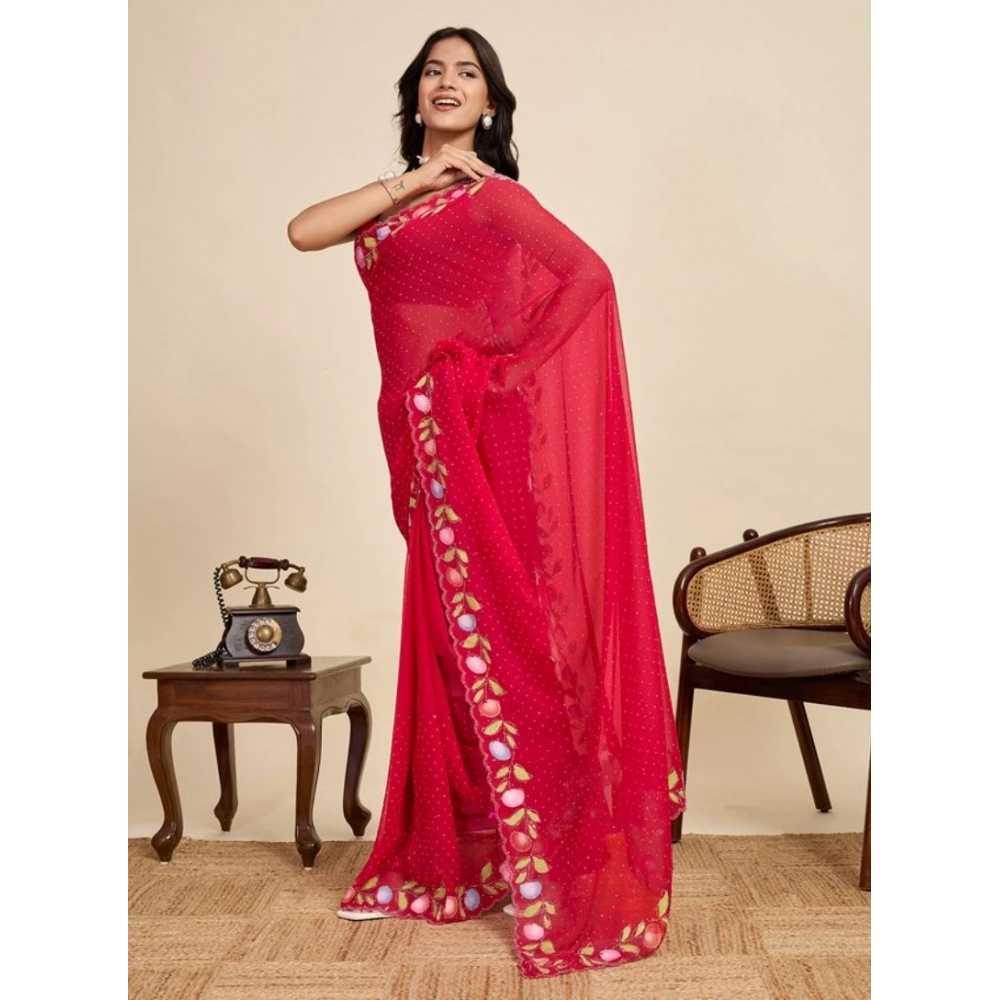Women's Georgette Printed Saree With Unstitched Blouse 5.5Mtr (Red)