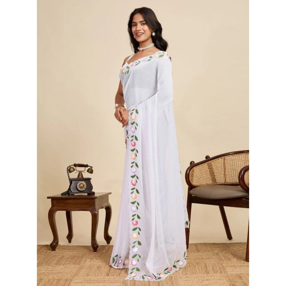 Women's Georgette Printed Saree With Unstitched Blouse 5.5Mtr (White)