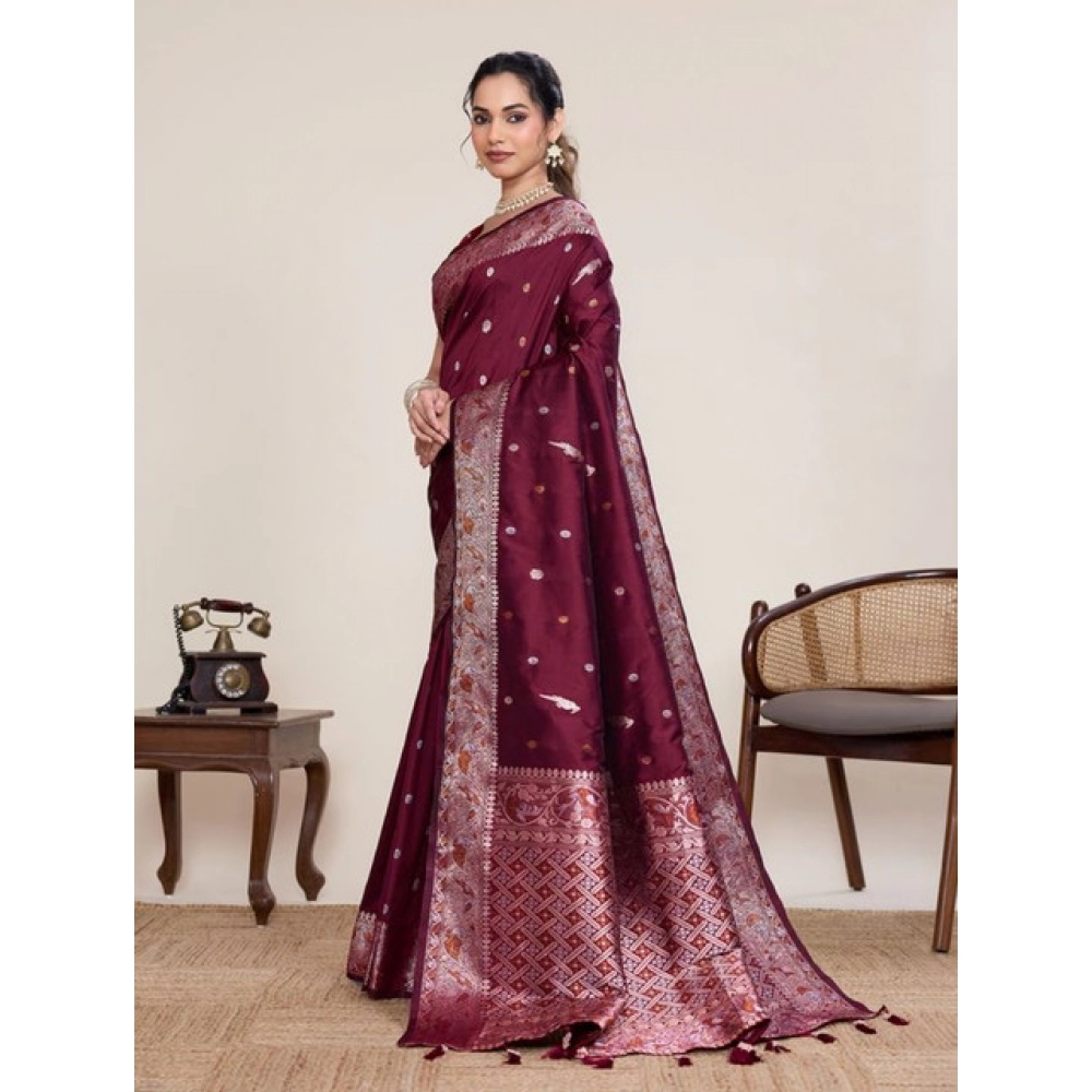 Women's Jacquard Woven Saree With Unstitched Blouse 5.5Mtr (Maroon)