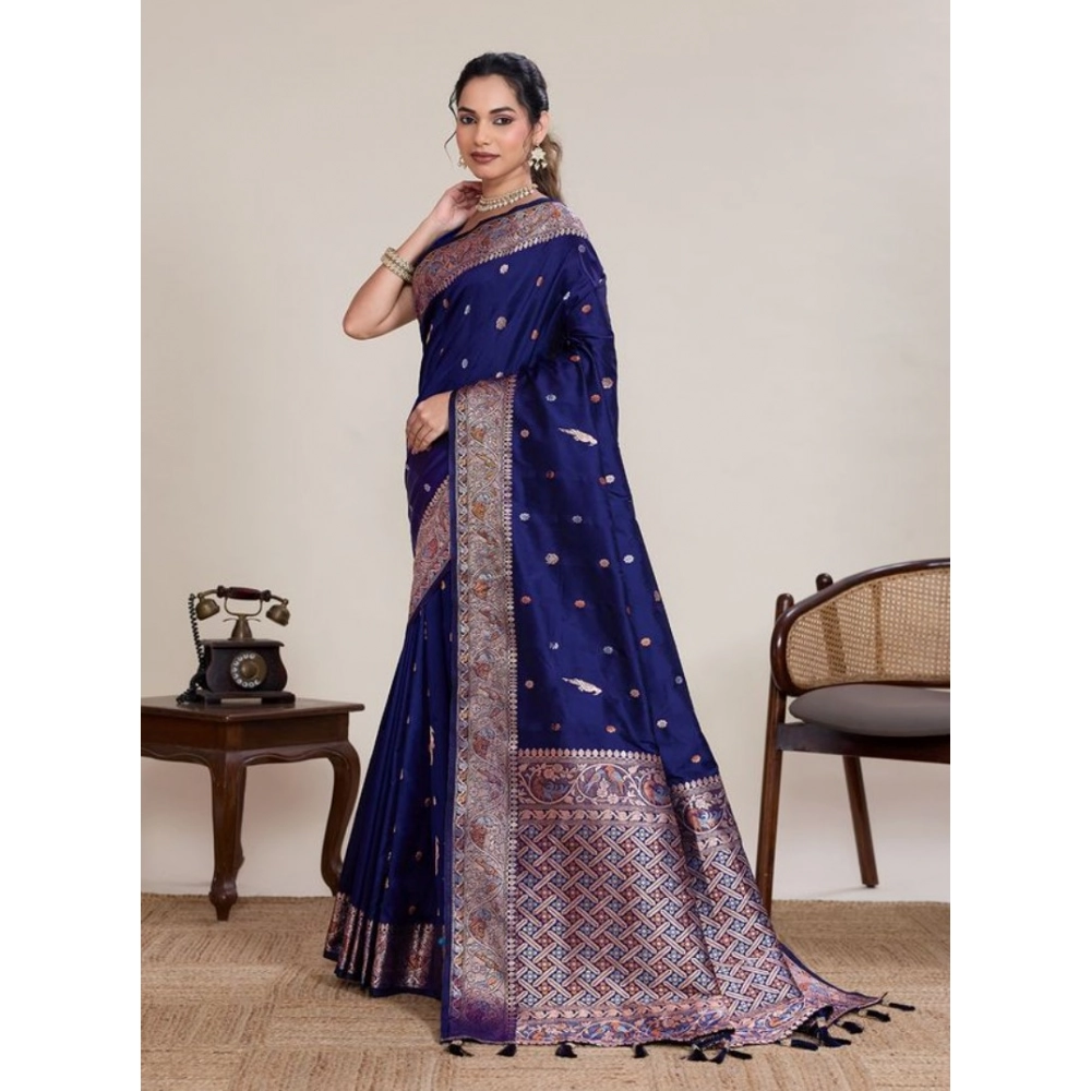 Women's Jacquard Woven Saree With Unstitched Blouse 5.5Mtr (Navy)