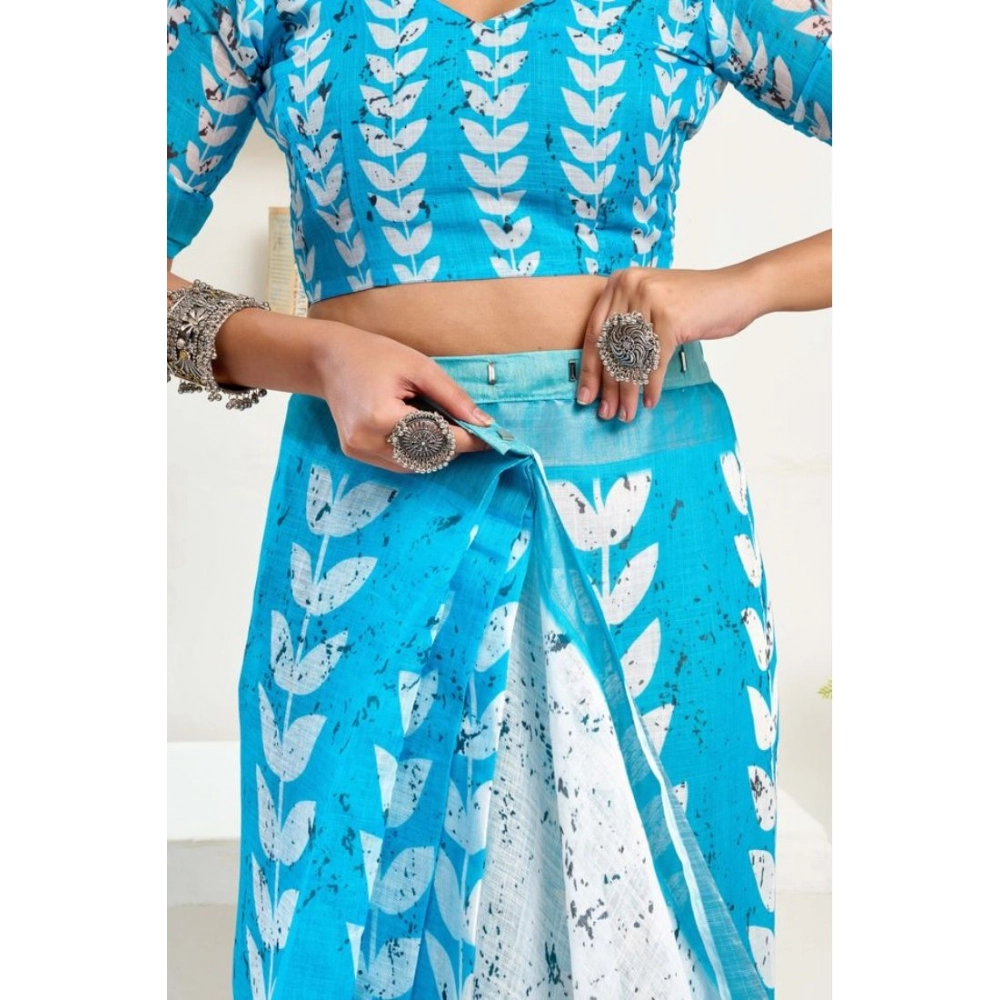 Women's Faux Linen Leaf Print Ready to wear Saree With Unstitched Blouse 5.5Mtr (SkyBlue & White)
