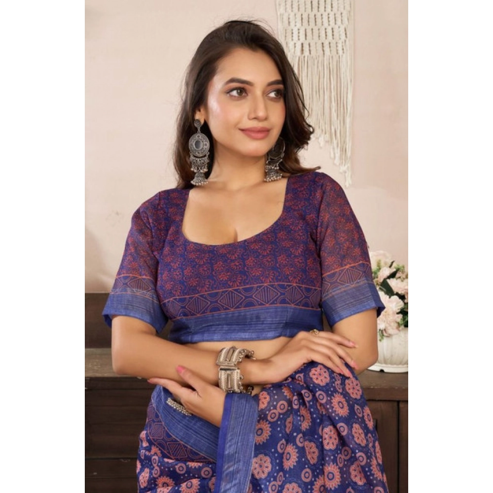 Women's Faux Linen Floral Print Ready to wear Saree With Unstitched Blouse 5.5Mtr (Dark_NavyBlue)