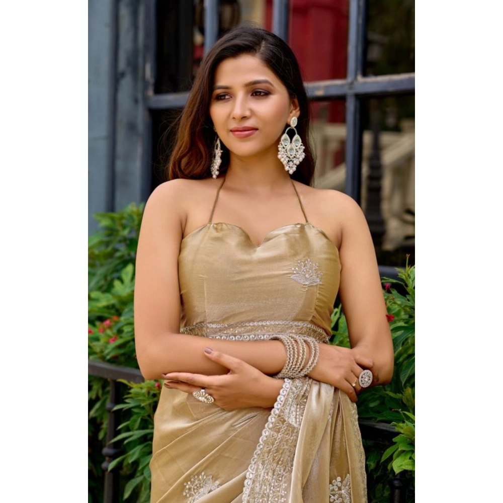 Women's Faux Shimmer Floral Motifs Ready to wear Saree With Unstitched Blouse 5.5Mtr (Beige)