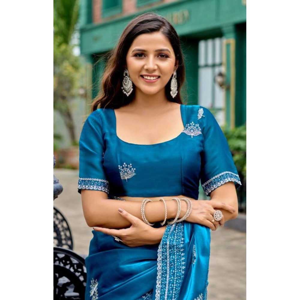 Women's Faux Shimmer Motif Ready to wear Saree With Unstitched Blouse 5.5Mtr (Blue)