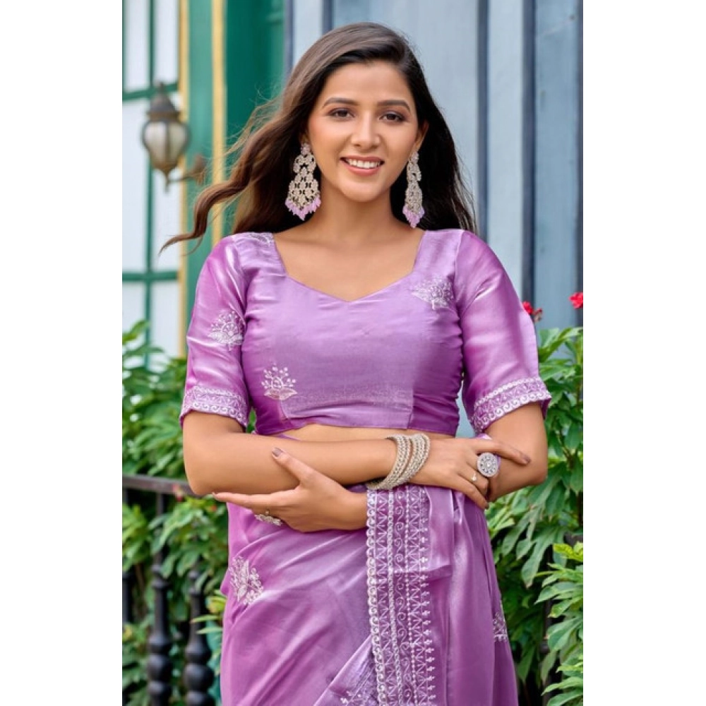 Women's Faux Shimmer Floral Ready to wear Saree With Unstitched Blouse 5.5Mtr (Lavender)