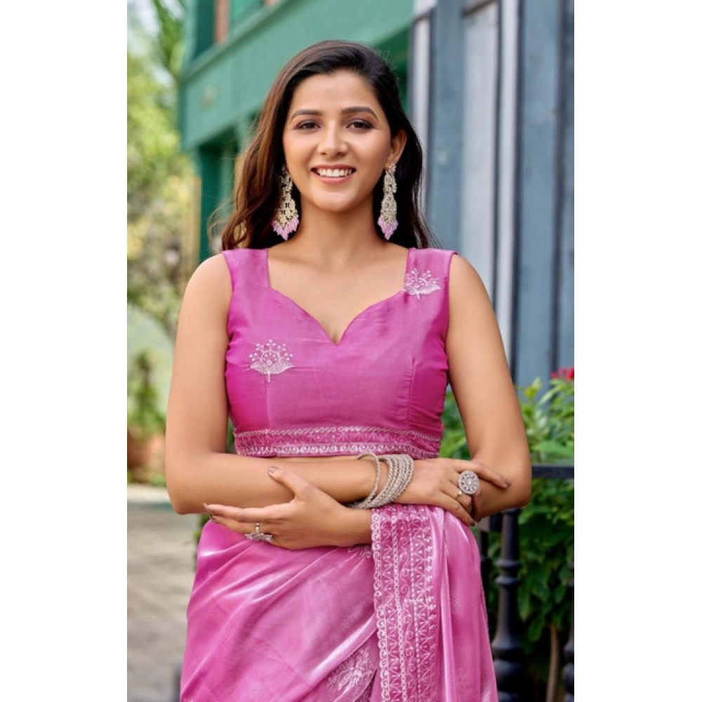 Women's Faux Shimmer Floral Embroidery Ready to wear Saree With Unstitched Blouse 5.5Mtr (LightPink)