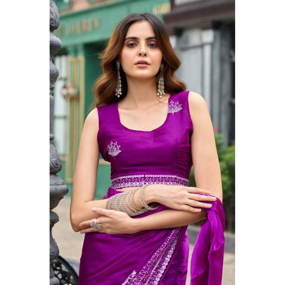 Women's Faux Shimmer Floral Embroidery Ready to wear Saree With Unstitched Blouse 5.5Mtr (Purple)