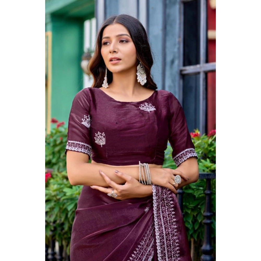 Women's Faux Shimmer Floral Embroidery Ready to wear Saree With Unstitched Blouse 5.5Mtr (Maroon)