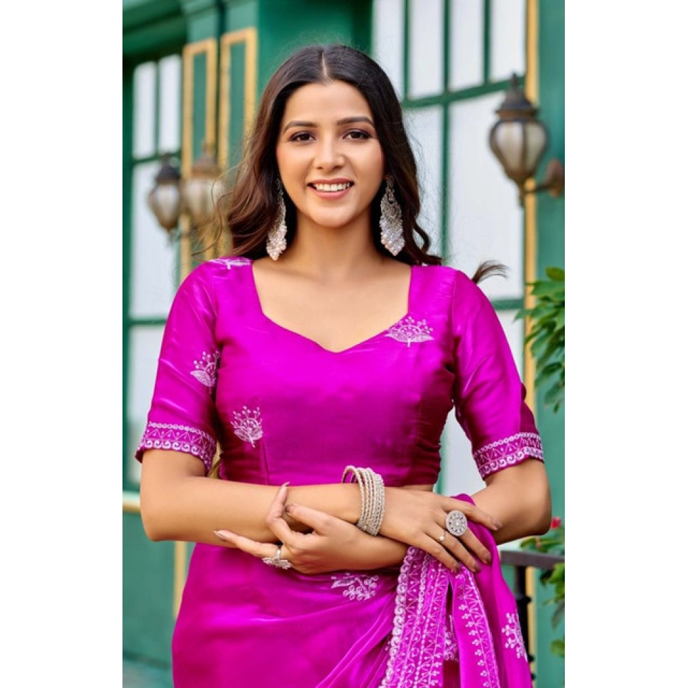 Women's Faux Shimmer Floral Embroidery Ready to wear Saree With Unstitched Blouse 5.5Mtr (Pink)