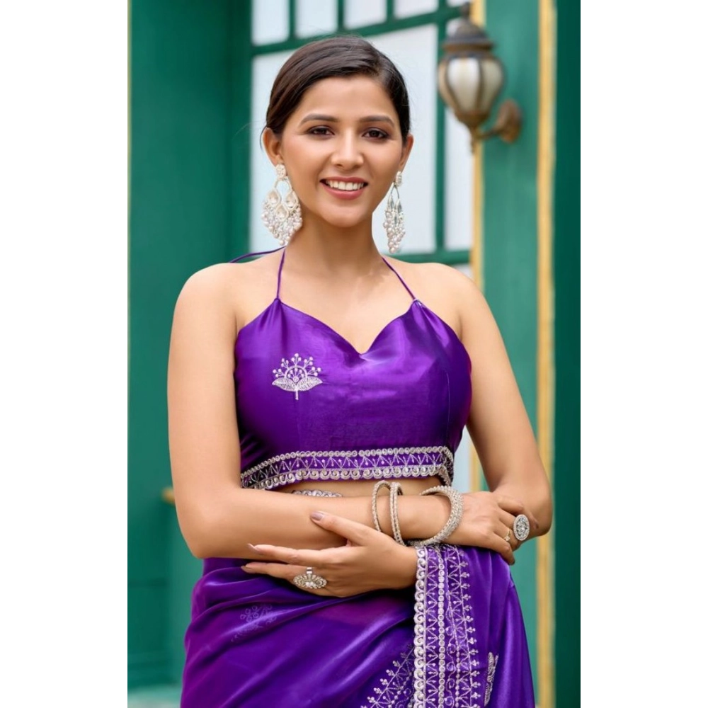 Women's Faux Shimmer Floral Embroidery Ready to wear Saree With Unstitched Blouse 5.5Mtr (Purple)