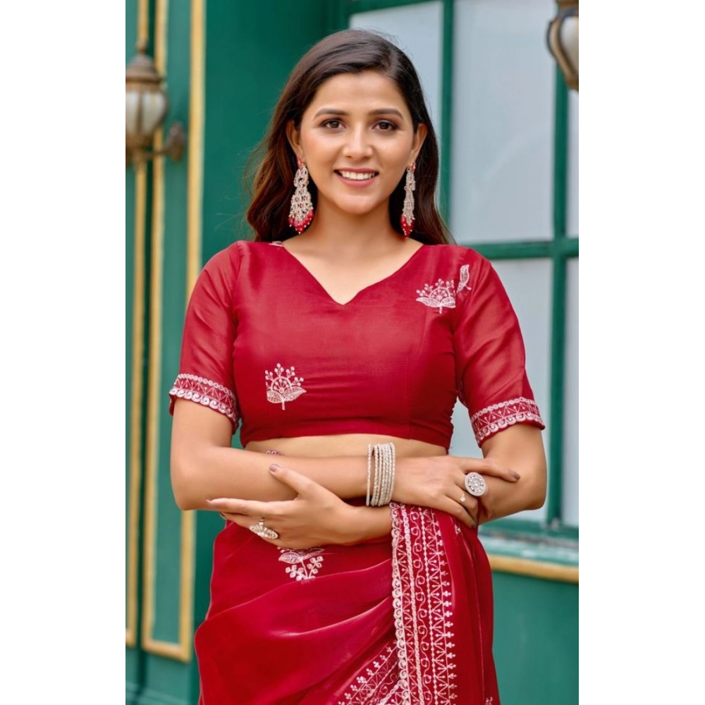 Women's Faux Shimmer Floral Embroidery Ready to wear Saree With Unstitched Blouse 5.5Mtr (Red)