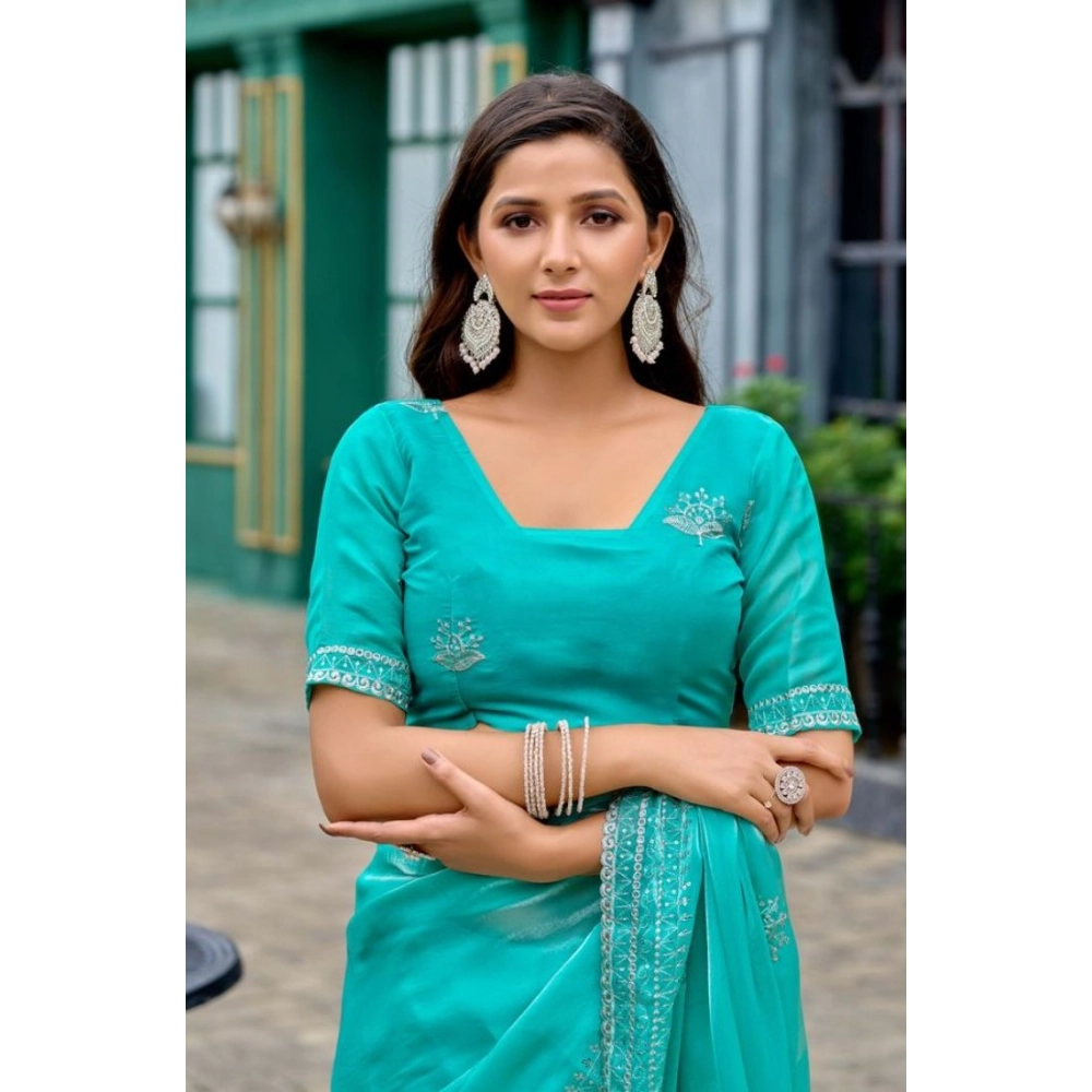 Women's Faux Shimmer Floral Embroidery Ready to wear Saree With Unstitched Blouse 5.5Mtr (Turquoise)