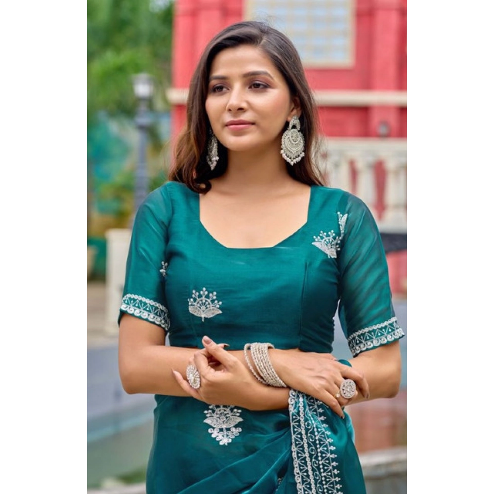 Women's Faux Shimmer Floral Embroidery Ready to wear Saree With Unstitched Blouse 5.5Mtr (Teal)