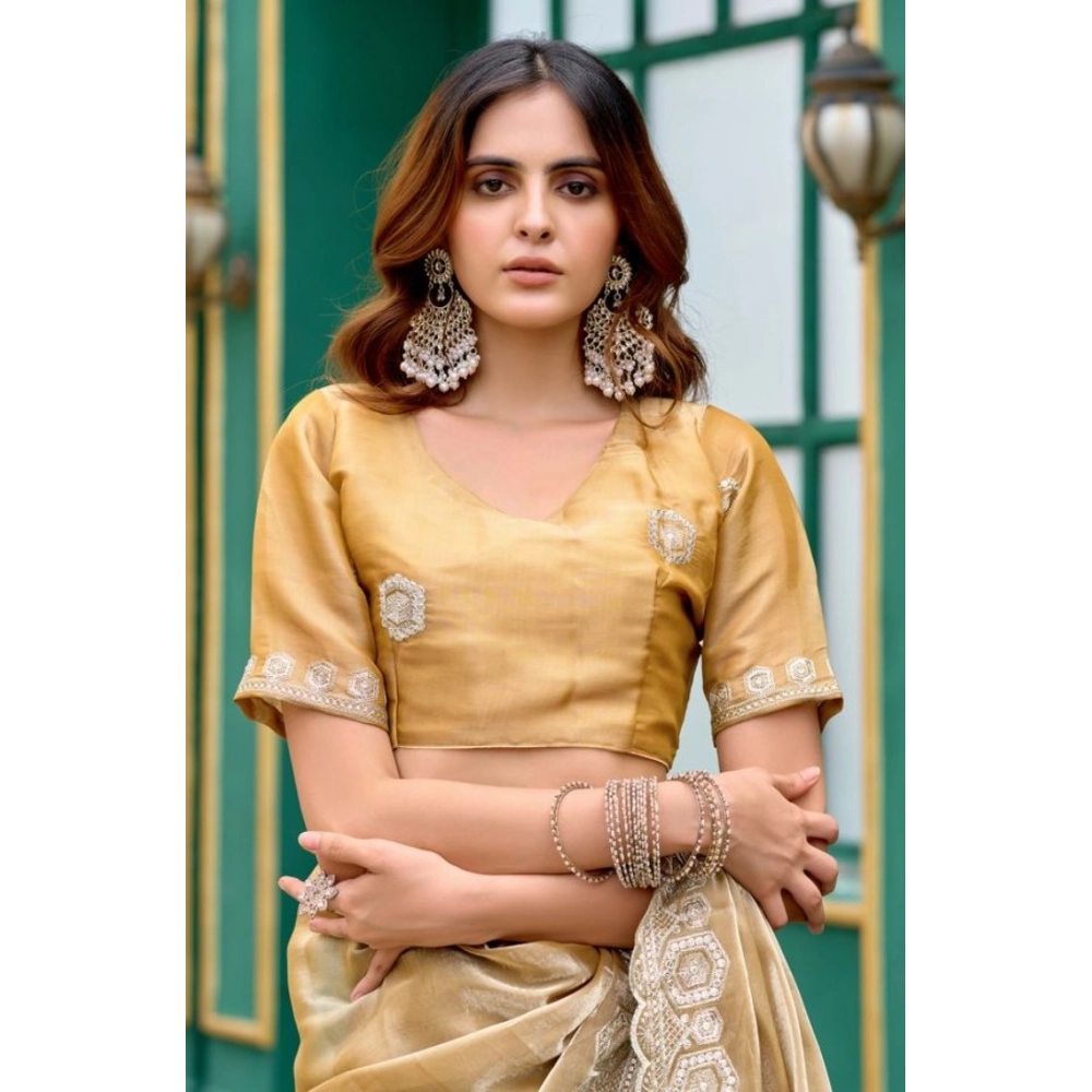 Women's Faux Shimmer Geometric Ready to wear Saree With Unstitched Blouse 5.5Mtr (Beige)