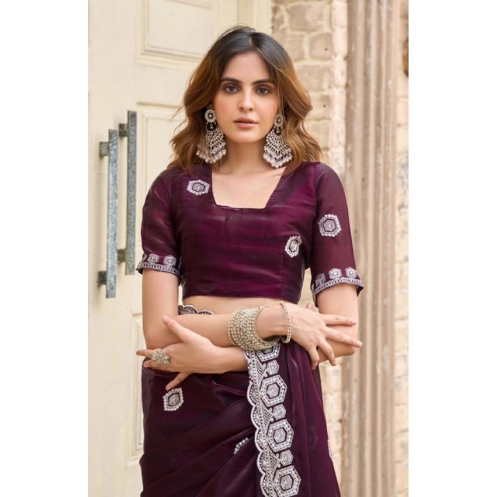 Women's Faux Shimmer Geometric Ready to wear Saree With Unstitched Blouse 5.5Mtr (Wine)