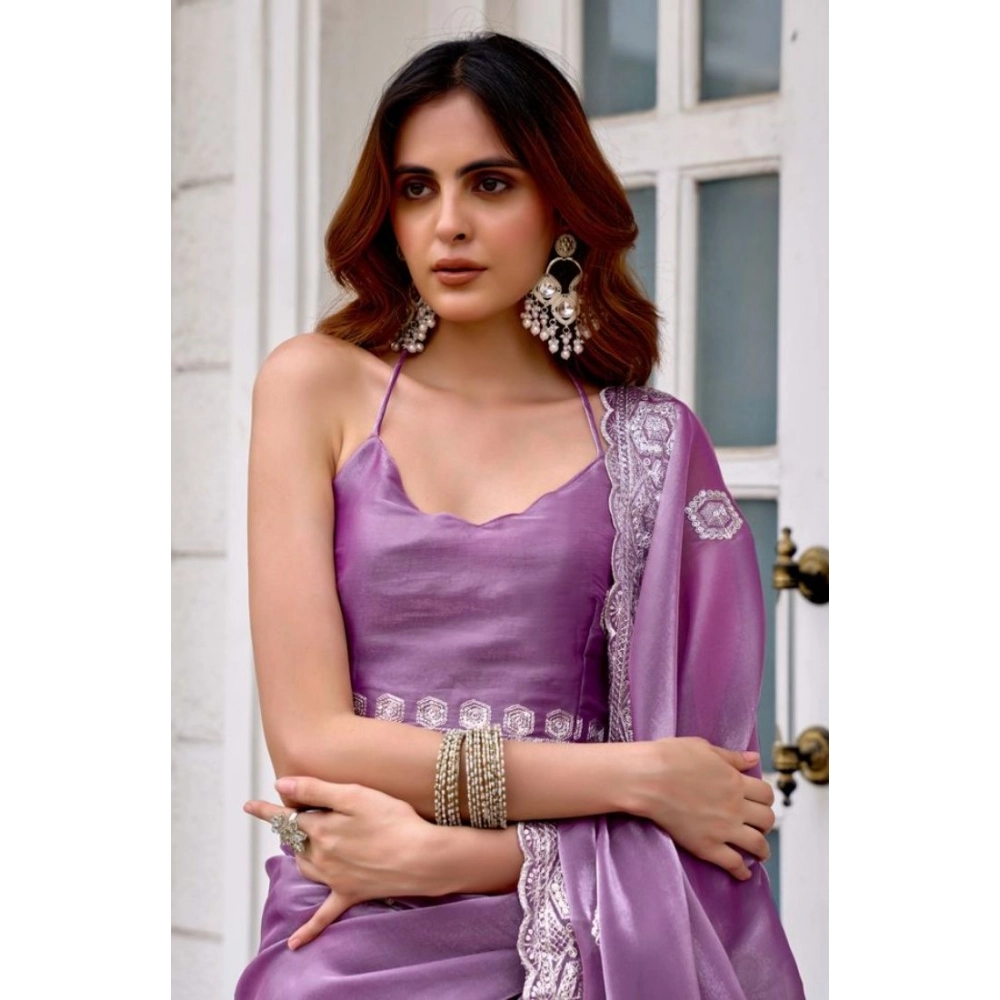 Women's Faux Shimmer Geometric Ready to wear Saree With Unstitched Blouse 5.5Mtr (Lavender)
