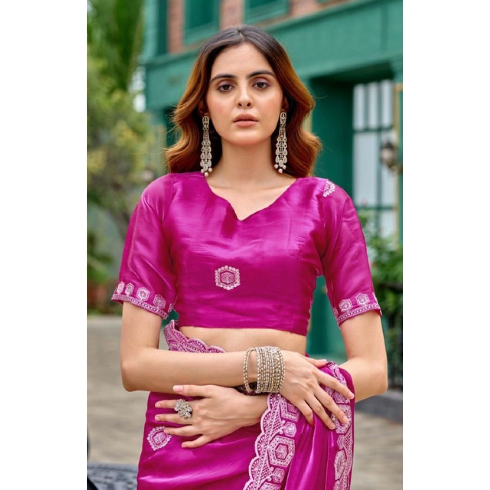 Women's Faux Shimmer Geometric Ready to wear Saree With Unstitched Blouse 5.5Mtr (Pink)