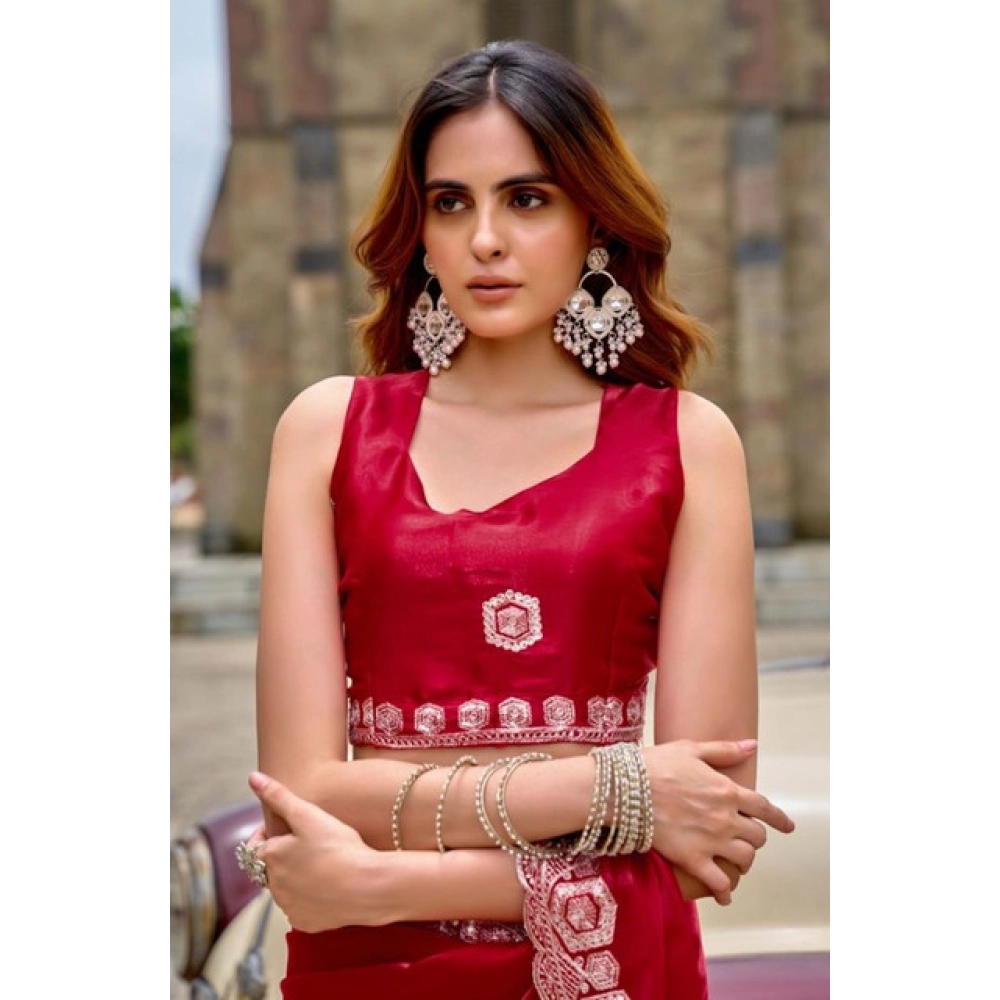 Women's Faux Shimmer Geometric Ready to wear Saree With Unstitched Blouse 5.5Mtr (Red)