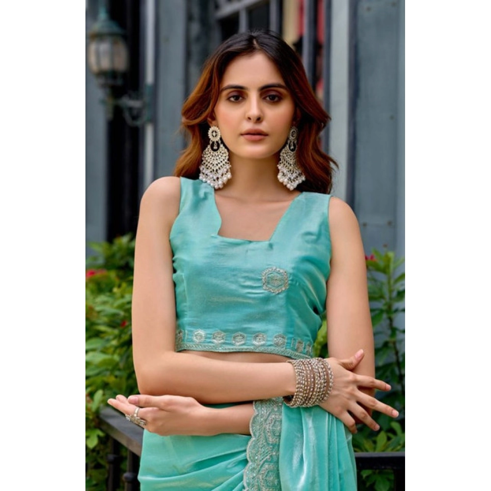 Women's Faux Shimmer Geometric Ready to wear Saree With Unstitched Blouse 5.5Mtr (Light_AquaBlue)