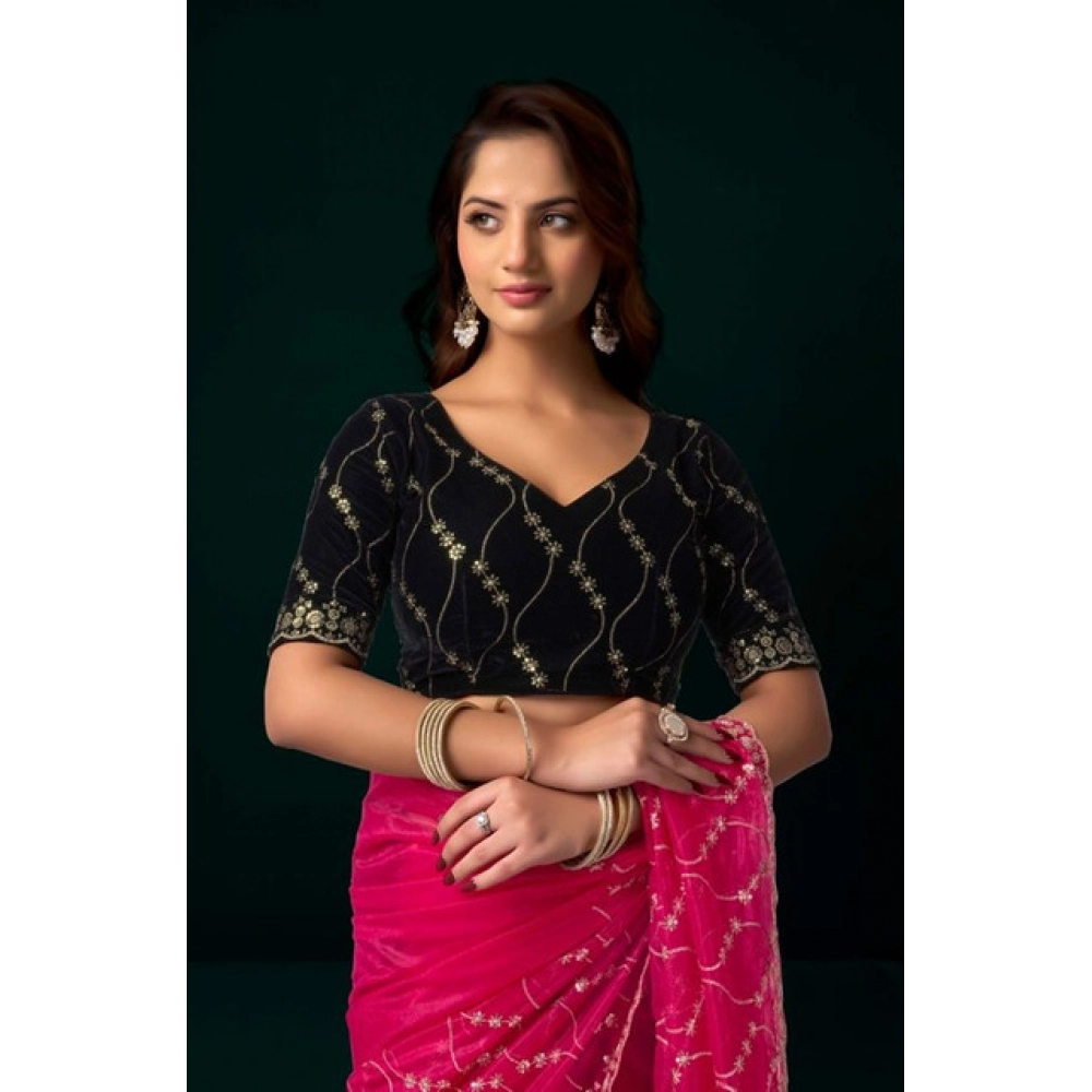 Women's Net Sequence Saree With Unstitched Blouse 5.5Mtr (Pink)