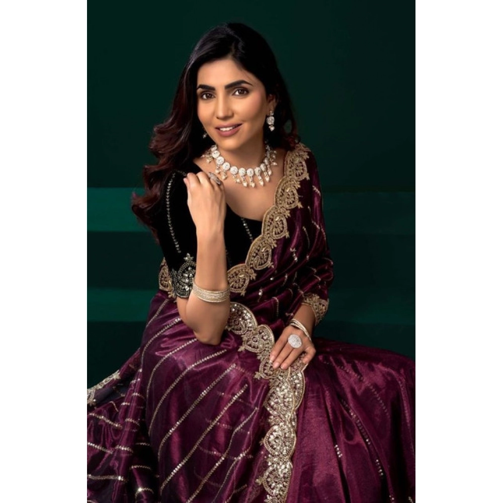 Women's Net Sequence Saree With Unstitched Blouse 5.5Mtr (Maroon)