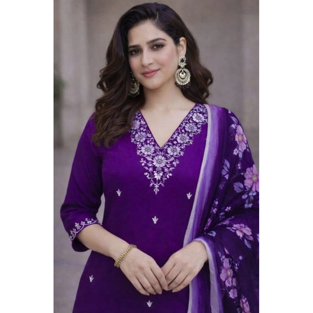 Women's Chanderi Silk Ethnic Motif V-Neck 3/4th Sleeve Kurti With Pant Dupatta Set (Purple)