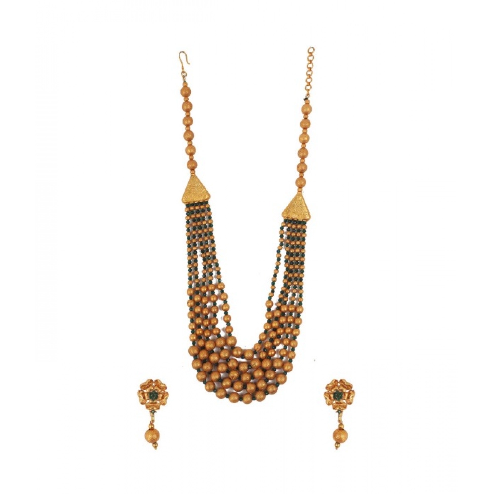 Women's Ethnic Five Layer Brass Mala With Crystal For Women And Girls (Green, Free Size)