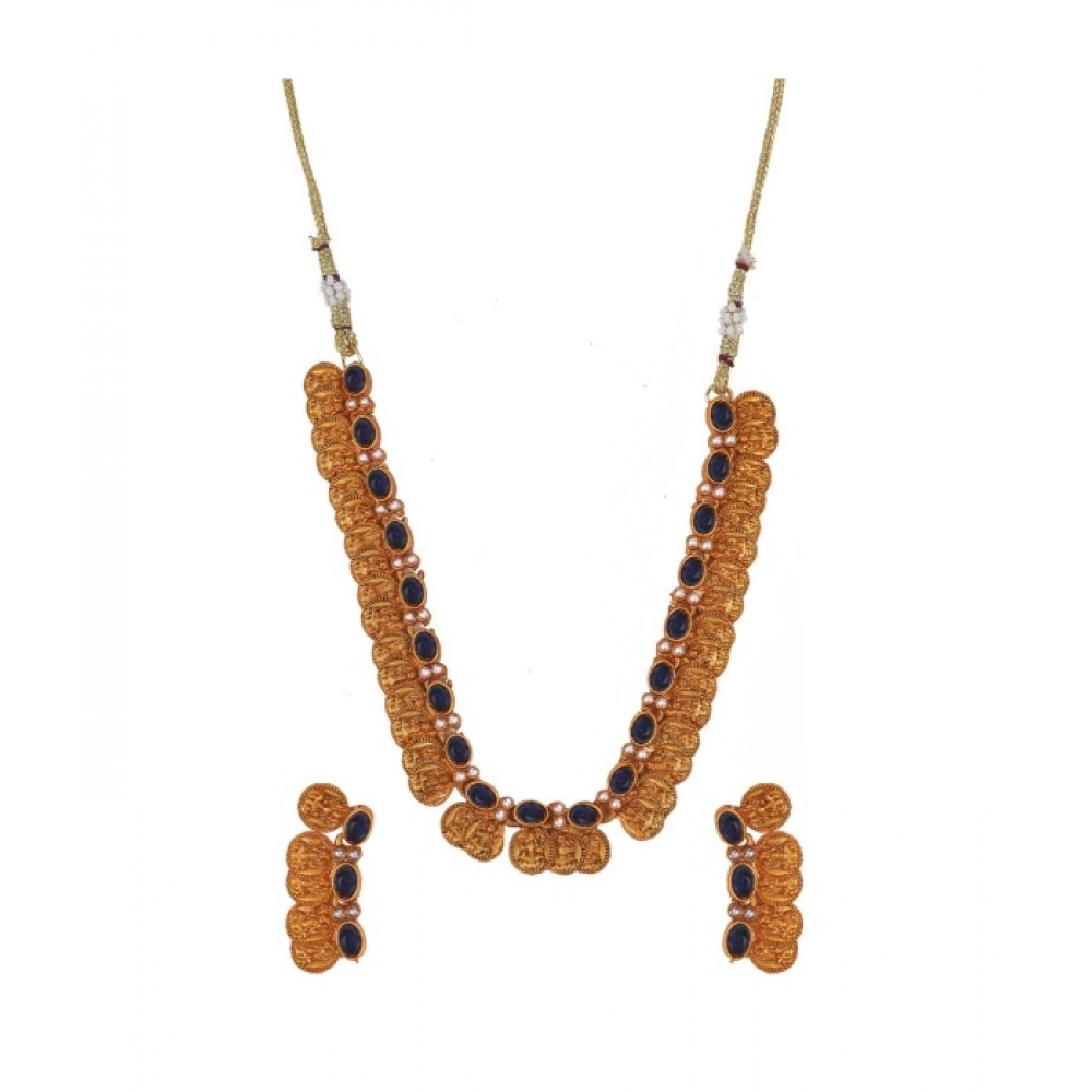 Women's Elegent Laxmi Coin Shape Jewellery Chowker Set (Blue, Free Size)