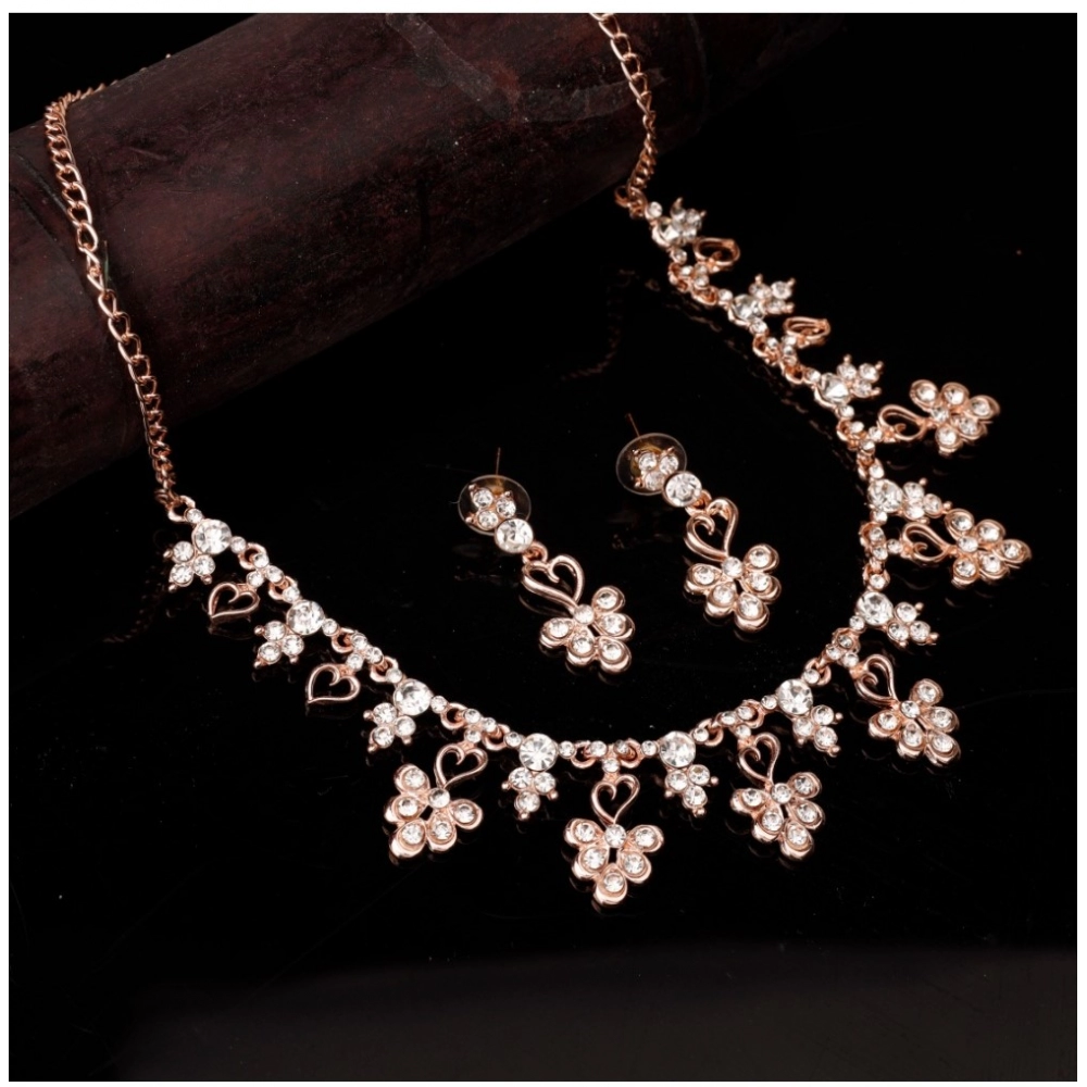 Women's Rose Gold Plated Brass Necklace & Earings Set (Gold)