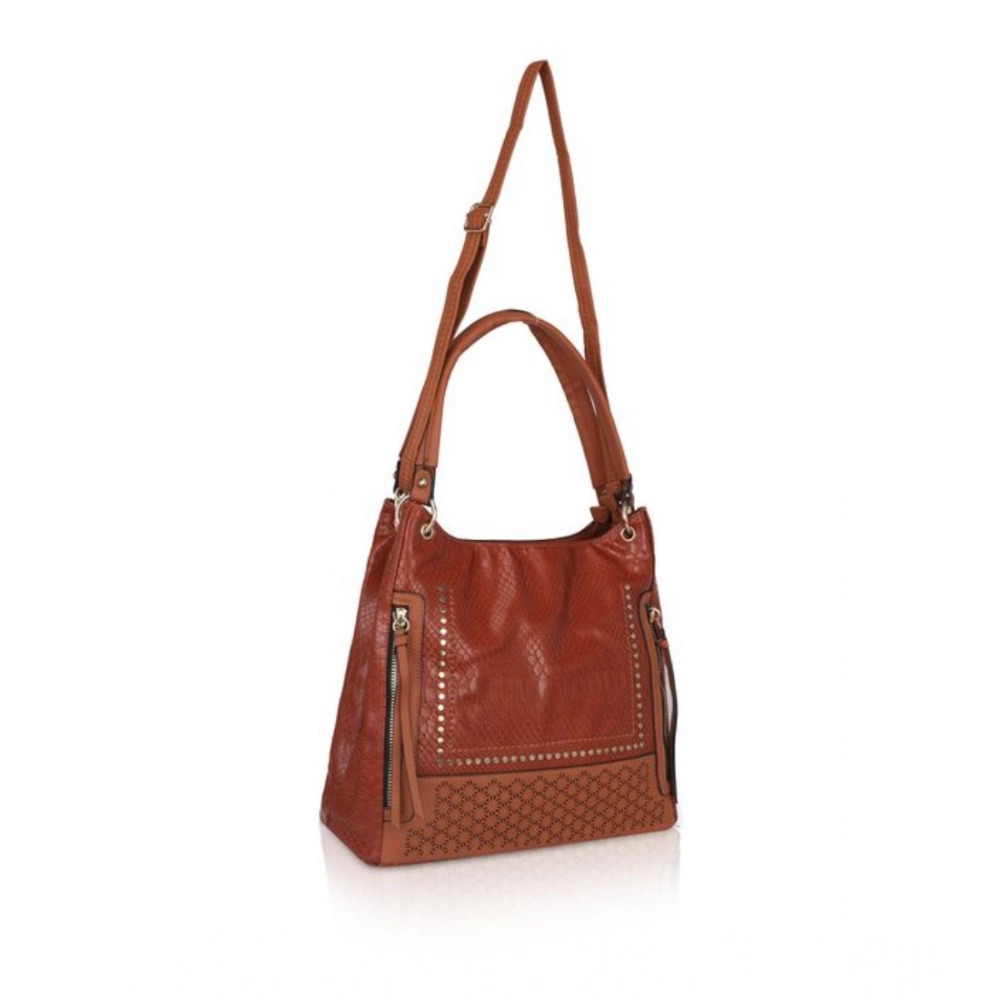 Women's Faux Leather Textured Tote Bag (Brown) - Image 2