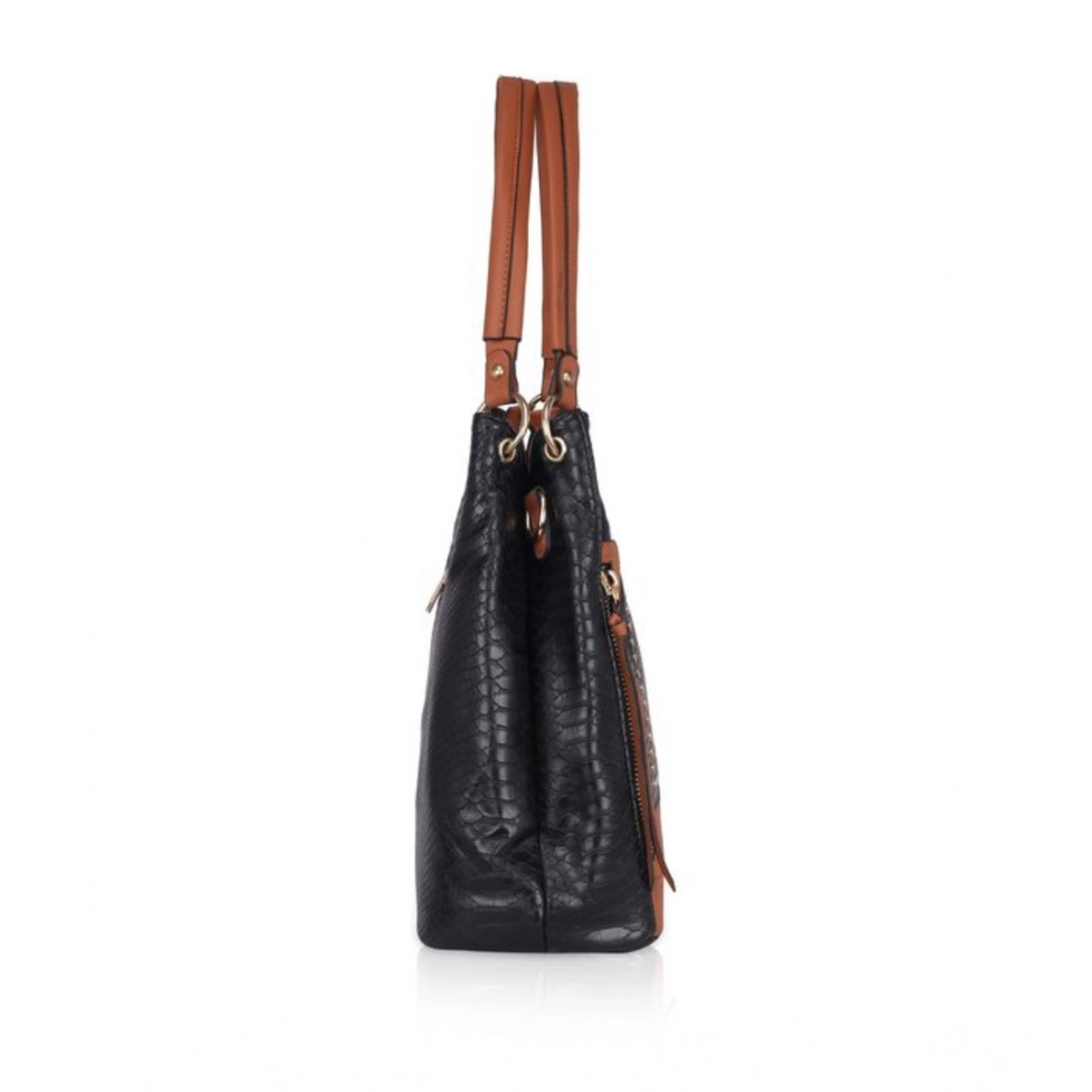 Women's Faux Leather Textured Tote Bag (Black) - Image 5