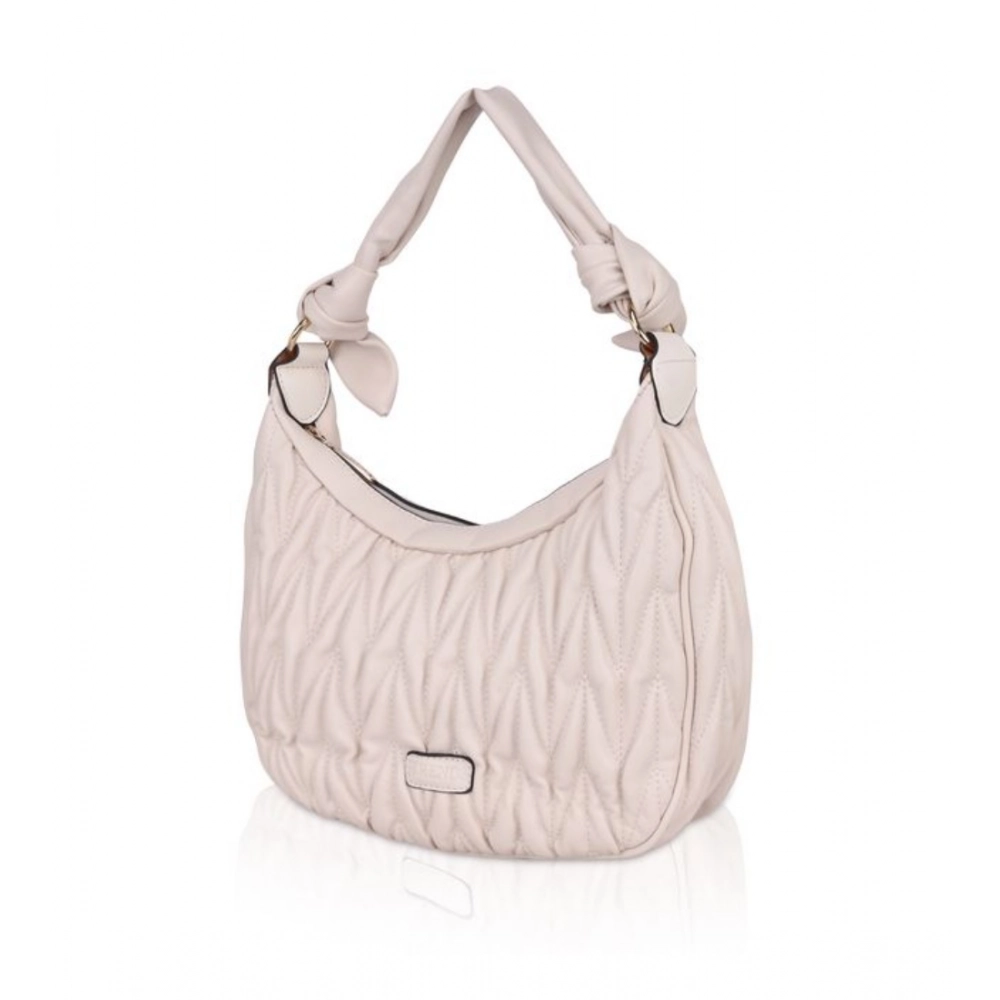 Women's Faux Leather Textured Handbag (Beige White) - Image 6