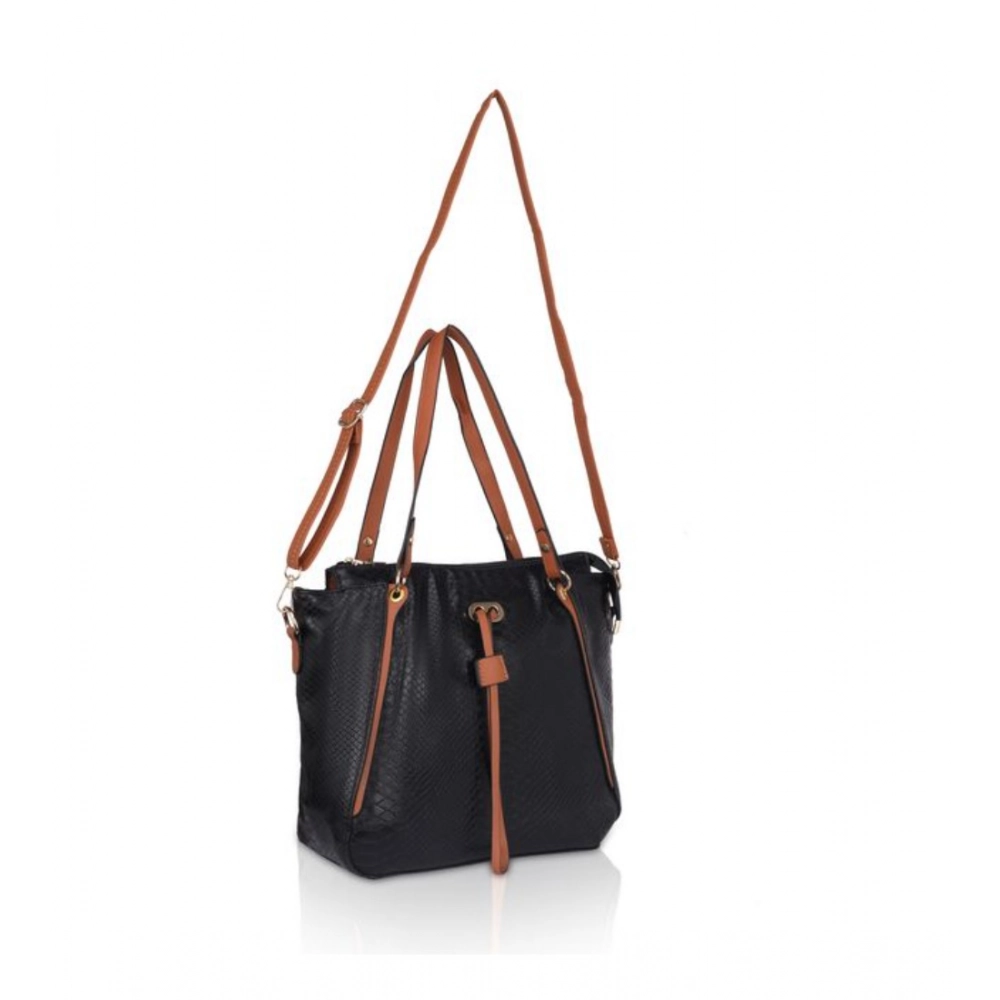 Women's Faux Leather Textured Tote Bag (Black) - Image 3