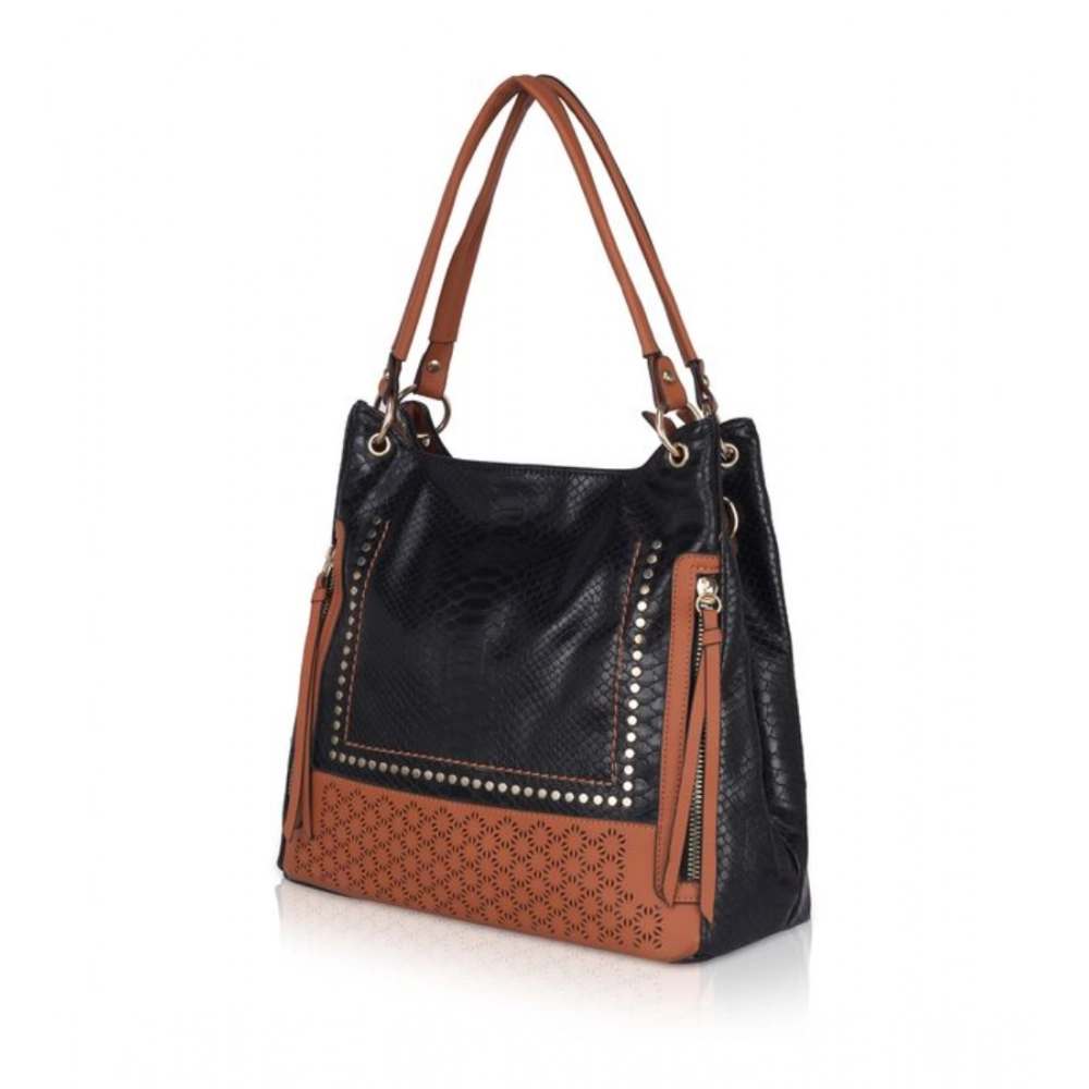 Women's Faux Leather Textured Tote Bag (Black) - Image 6