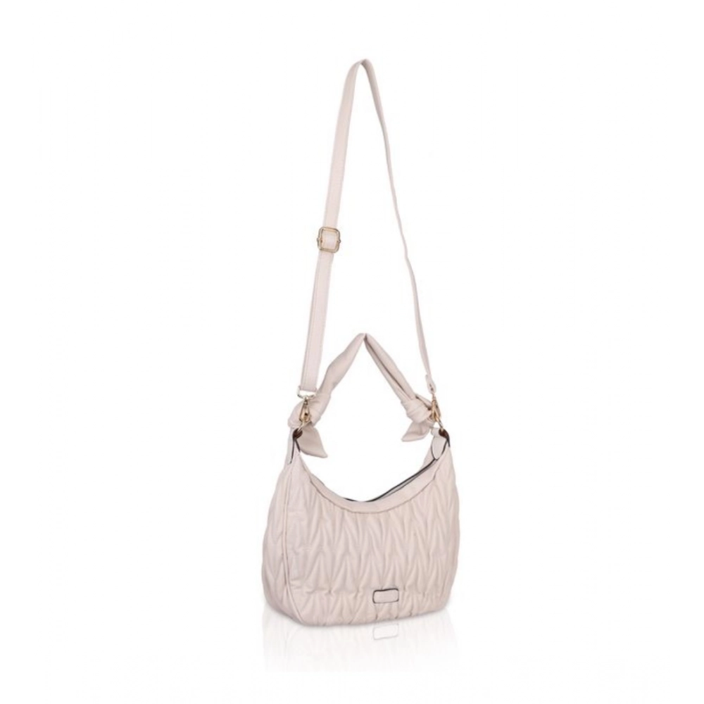 Women's Faux Leather Textured Handbag (Beige White) - Image 3