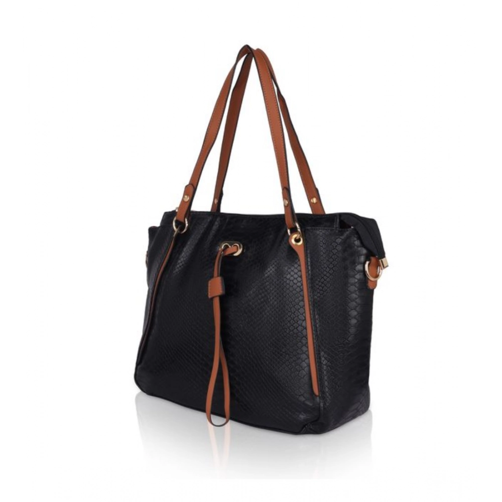 Women's Faux Leather Textured Tote Bag (Black) - Image 5
