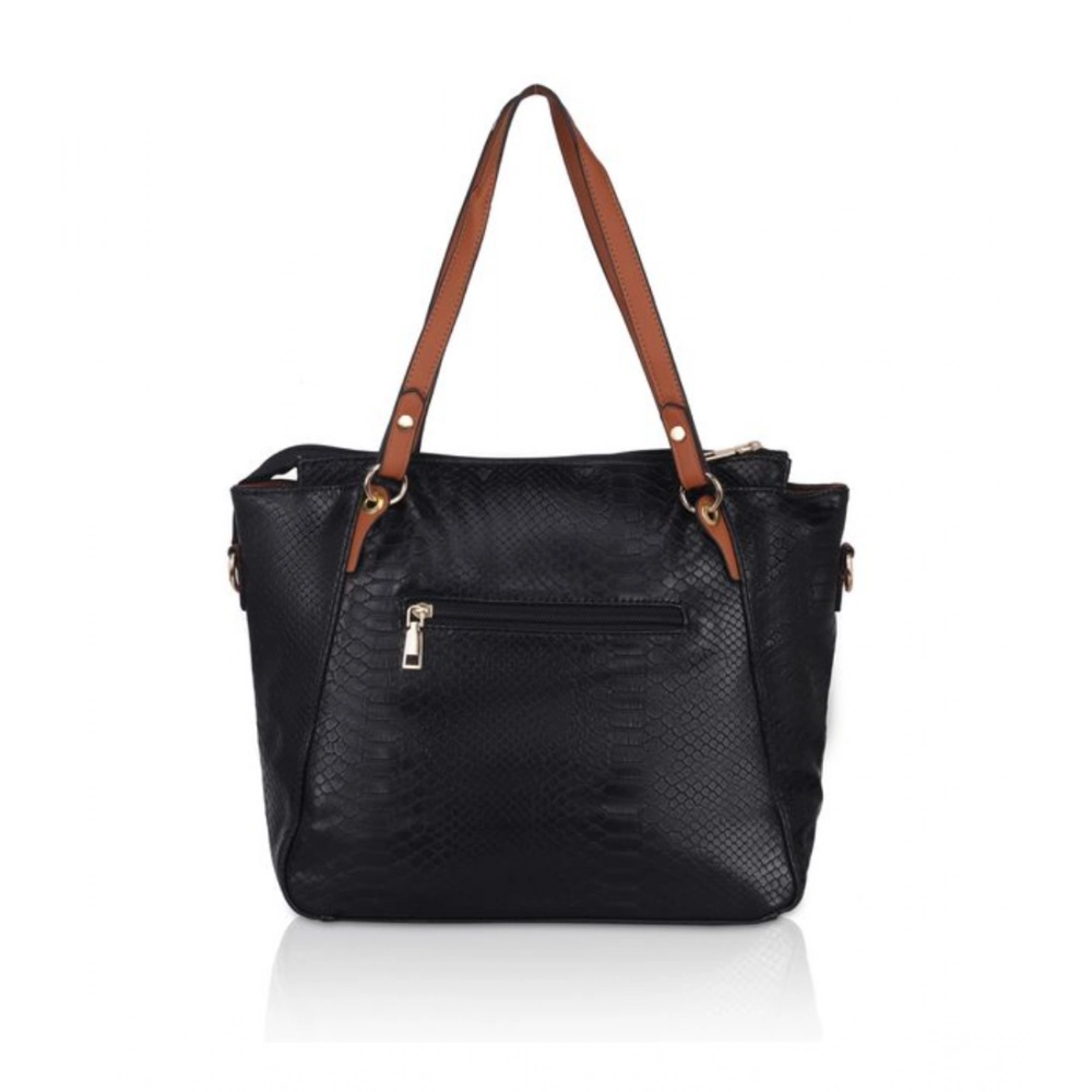 Women's Faux Leather Textured Tote Bag (Black) - Image 4