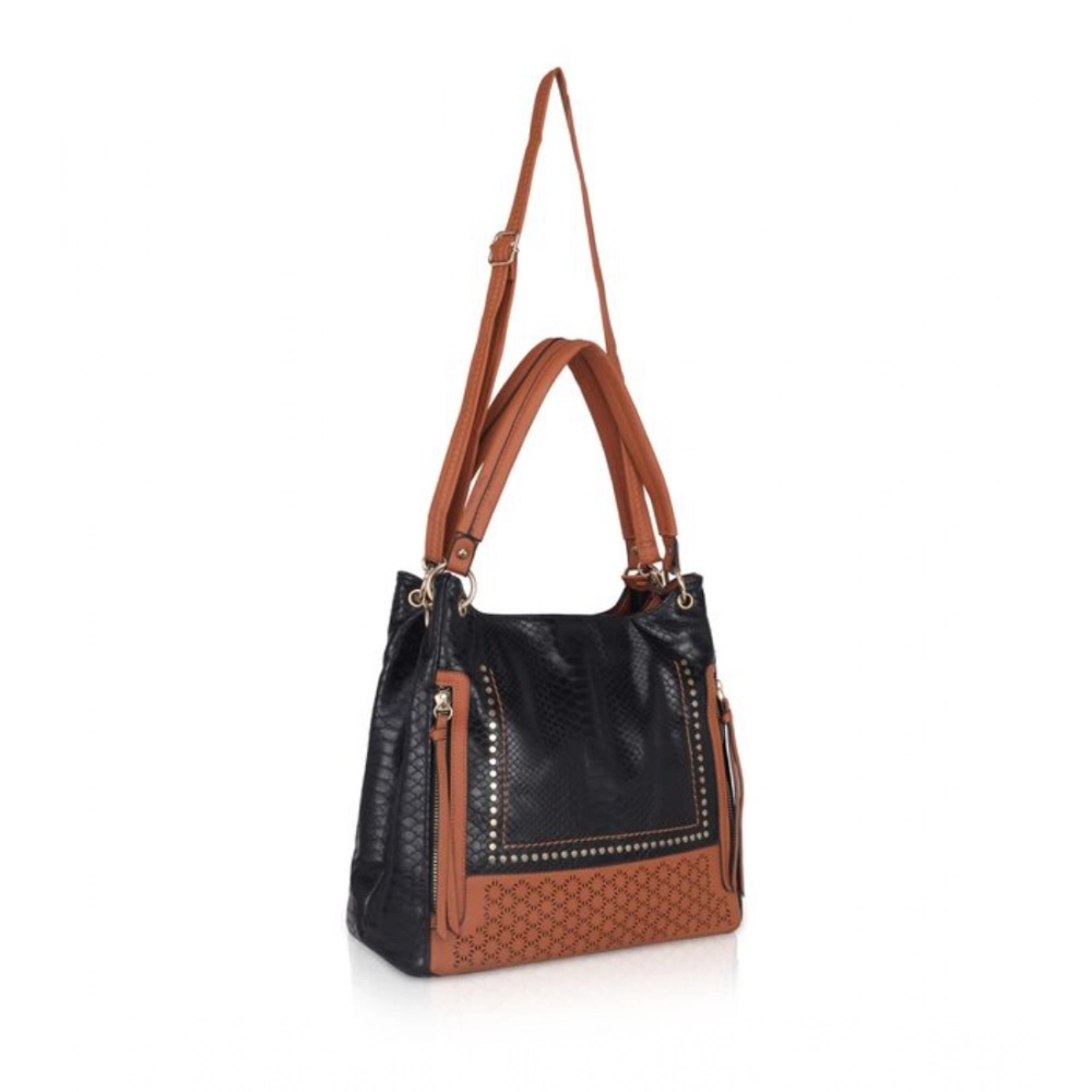 Women's Faux Leather Textured Tote Bag (Black) - Image 2
