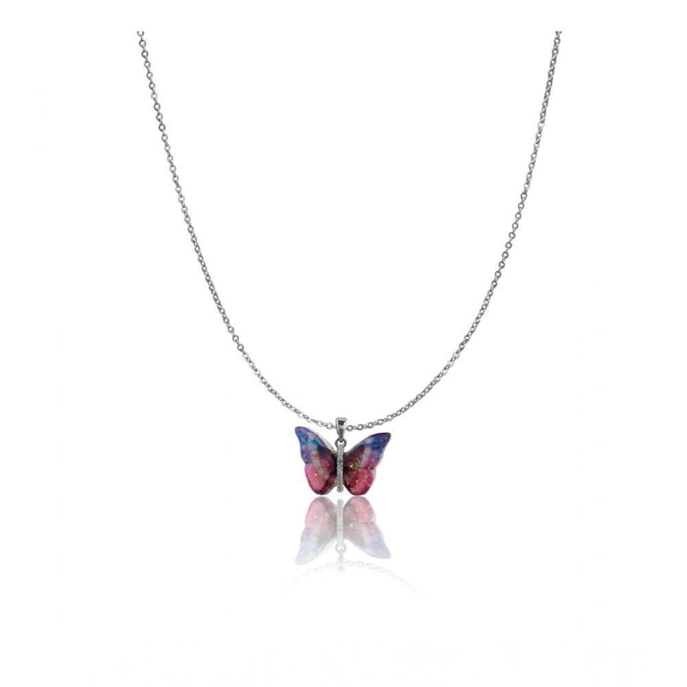 Women's Stainless Steel Colorful Butterfly Pendent Dailywear chain (Silver Plated)