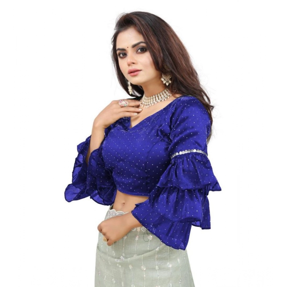 Women's Organza Solid V Neck Layered Ruffle Sleeve Readymade Blouse (Blue Free Size , up to 38–40 Bust)-PID65849